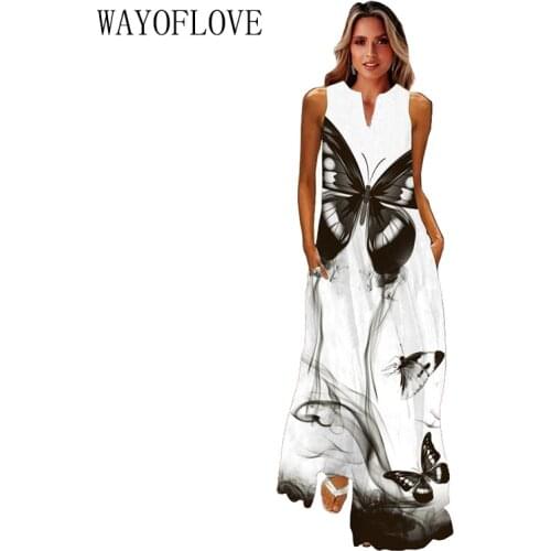 WAYOFLOVE Fashion White Summer Dress 2021 Casual Breathable Butterfly Print Long Dresses Woman Sleeveless Beach Maxi Dress Women