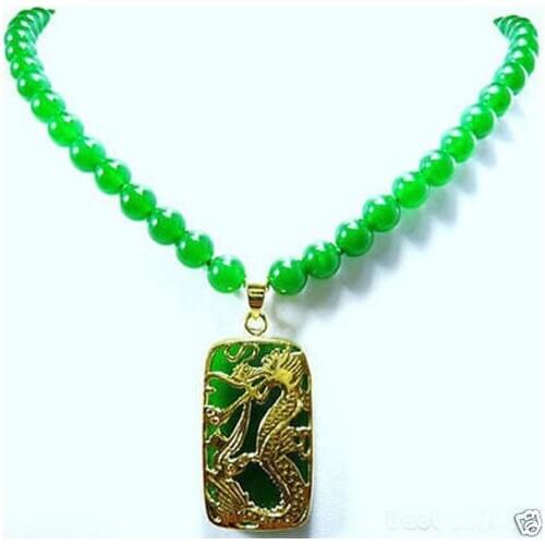 Green Jade Bead Dragon Pendant Necklace 5.27
