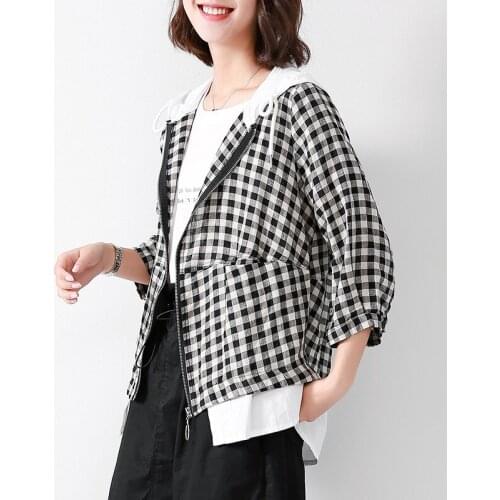 Black and white plaid womens jacket fake two pieces of cotton and linen hooded tops autumn clothes new loose large size fat