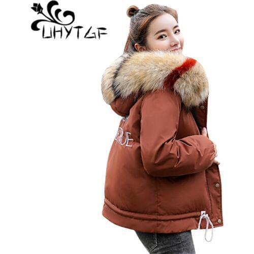 UHYTGF Women Winter Jacket Hooded Plus size Down Jacket With Fur Collar Warm Thick Parka Cotton Padded Coat Womens Outerwear 110