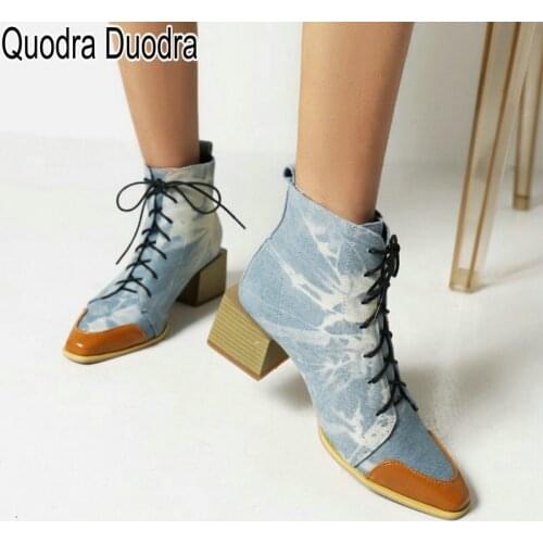 Women boots new Winter/Autumn Warm Plush thick high heels Shoes black boot lace chunky pointed toe print fashion plus size 33-48