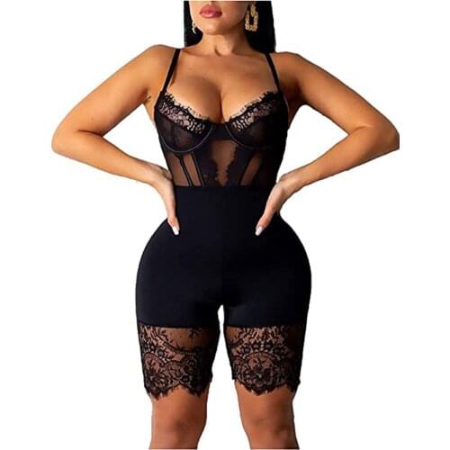 Womens Sexy See Through Spaghetti Strap Backless Bodycon Rompers Jumpsuits Shorts Outfits