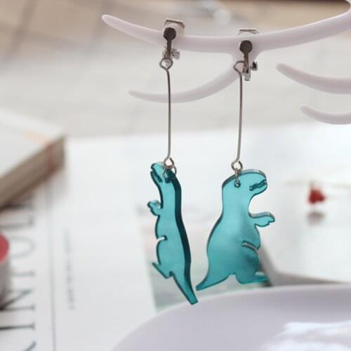 1 Pair Cute Dark Green Acrylic Transparent Dinosaur Shaped Earrings Ear Clip For Women Fashion Jewelry Crafts Charms Gift