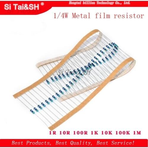 100pcs 1/4W Metal film resistor 1R ~ 1M 100R 220R 330R 1K 1.5K 2.2K 3.3K 4.7K 10K 22K 47K 100K 100 220 330 1K5 2K2 3K3 4K7 ohm
