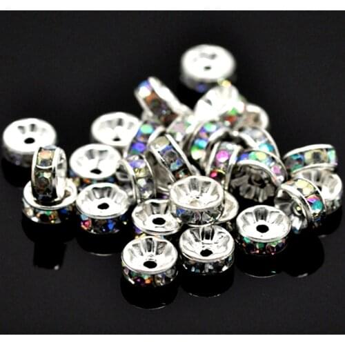 100Pcs Spacer Beads AB Color Rhinestones Copper Rondelle Silver Plated Jewelry DIY Findings 8mm