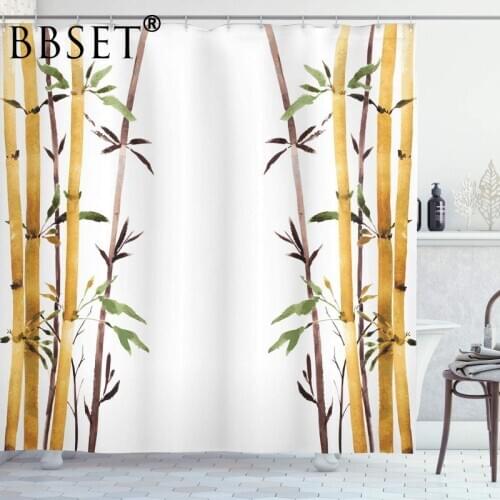 Bamboo Shower Curtain Cream Brown Bamboo Grove Pattern Waterproof Multi-size Douchegordijn Bathroom Decor with 12 Hooks