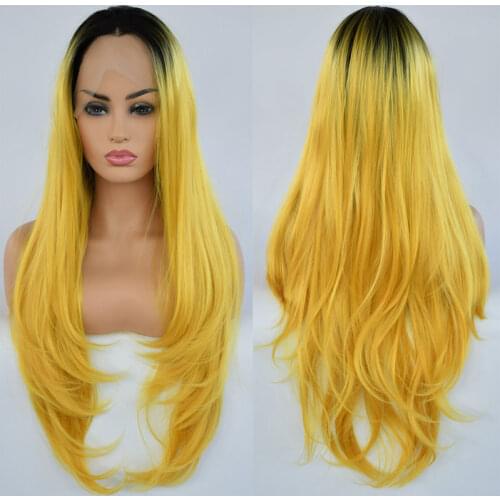 Bombshell Straight Synthetic Hair Lace Front Wig Black Roots Ombre Yellow Heat Resistant Fiber Natual Hairline For Women Wigs