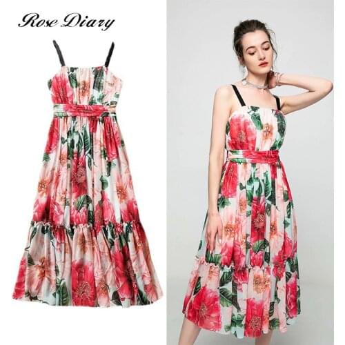 RoseDiary Designer Chic Red Flower Printing Strap Summer A Line Dresses Women Sweet Midi Length Vestidos Elbise Lady Zanzea