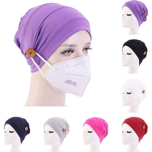 Elastic Fashion Turban Hat Solid Color Hat Solid Muslim Button Headscarf Hat Casual Headscarf Women Hat Knitted Nurse Hat Cap