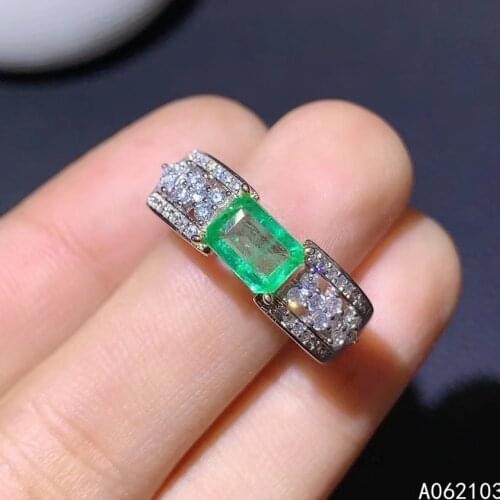 KJJEAXCMY fine jewelry 925 sterling silver inlaid natural emerald Womens fashion luxury square adjustable gem ring support dete