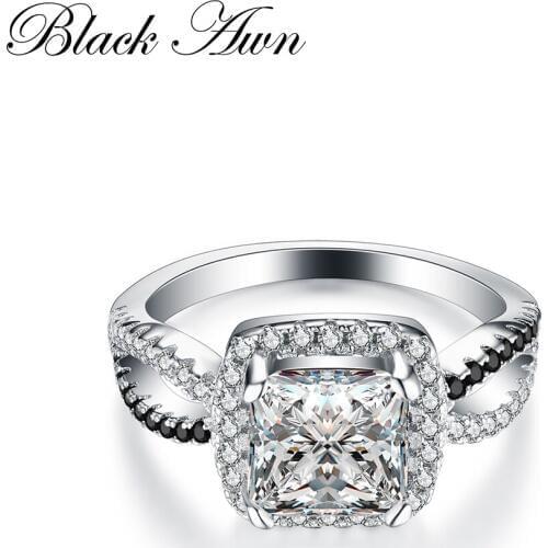 Fashion 100% Genuine 925 Sterling Silver Ring Jewelry Square Black&White Stone Engagement Rings for Women Bague Bijoux C184
