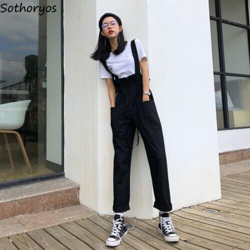 Jumpsuits Women High-waist Pockets Straps Trouser Drawstring Solid Pleated Korean Style Elegant BF Retro Chic Students Womens