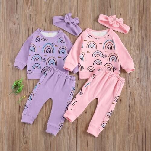 2020 Newborn Baby Girl Rainbow Clothing Suit O-neck Long Sleeve Tops + Elastic Waist Trousers+ Headband Clothes 2Pcs Set 0-18M