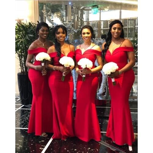 Red Cheap Bridesmaid Dresses Under 50 Mermaid Off The Shoulder South African Long Wedding Party Dresses