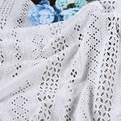Pure Cotton Eyelets Lace Fabric Geometric Stripe Pattern French Hollow out Fabric For DIY dress lace top Normal white 1 yard