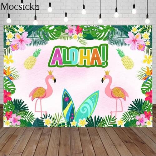 Mocsicka Summer Flamingo Aloha Party Backdrop Tropical Flowers Fruit Leaves Background Hawaiian Luau Birthday Decor Photo Studio