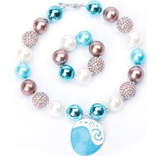 Hawaiian Princess Moana Inspired Chunky Necklace Blue Enamel Pendant Girls Bubblegum Necklace and Bracelet Set DIY Gift for Kids