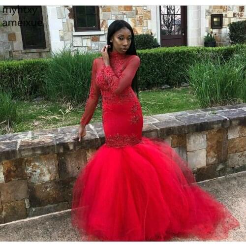 2020 New Red Long Sleeves Sexy Prom Dresses African Black Girls Wear Evening Party Gowns Plus Size Custom Made Plus Size Prom