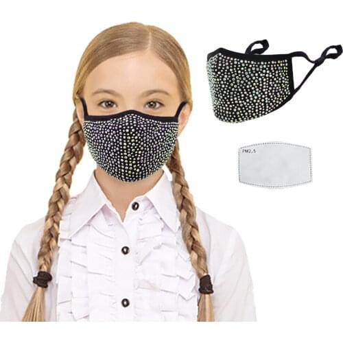 Child outdoor Bling Rhinestones Facemask Reusable Washed Pure cotton Fabric Masque Halloween Cosplay Party Decoration KZ-006