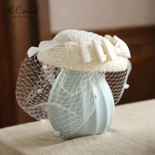 PEORCHID Black/Blue/Ivory Party Hats Wedding Headdress Bridal Hats Sweet Bow Feather Women Fascinator Face Veils