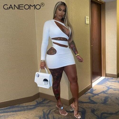 Autumn Sexy White Hollow Out Mini Bodycon Dresses One Shoulder Long Sleeve Party Club Skinny Wrap Dress Womens Fall Streetwear
