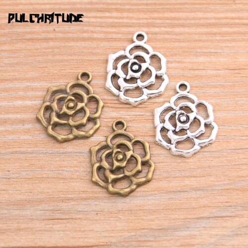 PULCHRITUDE 30pcs 17*22mm Metal Alloy Two Color Hollow Flower Charms Plant Pendants For Jewelry Making DIY Handmade Craft
