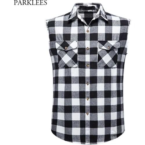 Fashion Cowboy Sleeveless Plaid Shirt Men Casual Flannel Cotton Snap Shirts Mens Double Pocket Beach Party Vest Checkered Top