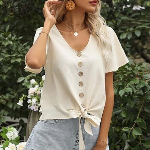 Button Up Shirt Fashion 2021 Summer New European and American Simple Solid Apricot Lace-up Blouse Summer Short Sleeve Tops 14977