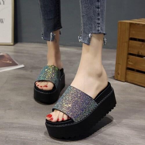 Fashion Sequin Summer Sandals Women Casual Peep-Toe Slides Beach Slippers Thicken Soled Flat Sandals Woman Platform Sandals