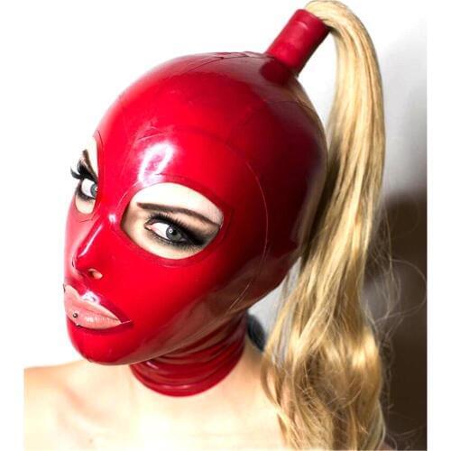 Sexy exotic lingerie handmade red latex hoods with blond wig tress ponytail cekc club wear fetish costumes costomize size XS-XXL