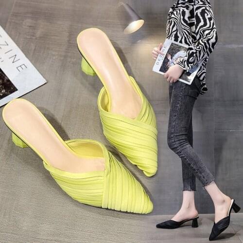 Thick-heeled Half Slippers Womens Outer Wear 2021 Spring and Summer New Baotou Students Pointed High-heel Sandals and Slippers