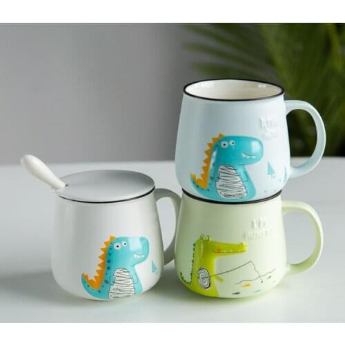 Cute Mr Dinosaur Crocodile Cartoon Ceramic Coffee Mug with Spoon and Lid Porcelain Juice Drinking Cup Coffee Milk Tea Cup Mug