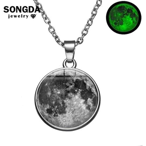 SONGDA Hot Glowing In The Dark Small Moon Necklace Link Chain Glass Cabochon Pendants Necklaces Creative Luminous Lunar Eclipse