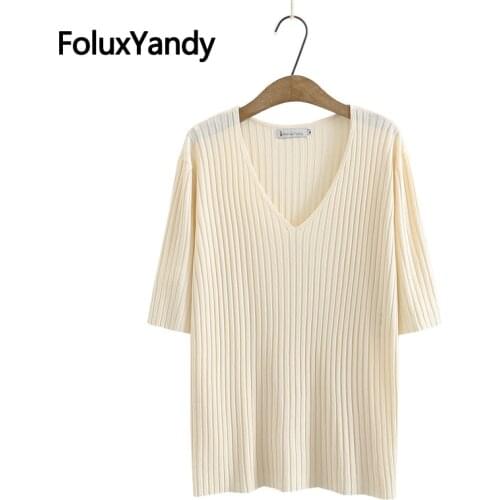 Knitted Summer Tops Women Tops Plus Size Casual V Neck Short Sleeve T-Shirt KKFY5449