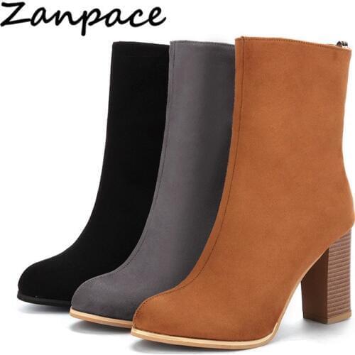 Zanpace 2018 Big Size 35-43 Plus Velvet Womens Boots Winter Fashion Ladies High Heel Shoes Autumn Zipper Heel Boots Women