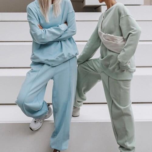 2021 New Fashion Women Suit Solid Color O Neck Long Pants Elastic Waist Sports Suit for Sports