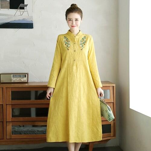 2021 spring autumn women new original ethnic embroidery cotton linen dress literary retro loose long sleeve mid-length dress 133
