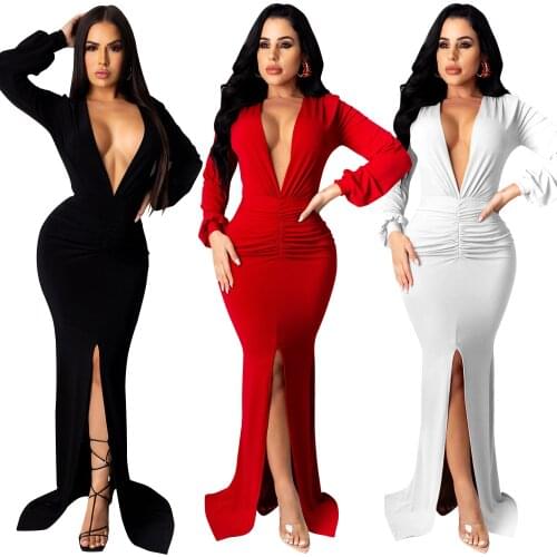 Adogirl Elegant Deep V Neck Bandage Dress Long Sleeve Fashion Nightclub Celebrity Evening Party Mermaid Maxi Dresses