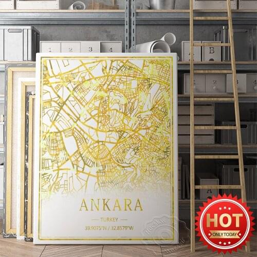 Turkey Ankara City Art Map Poster, Worlds Travel City Street Gold Foil Map Mural, Turkey map Nordic Style Home Decor Prints