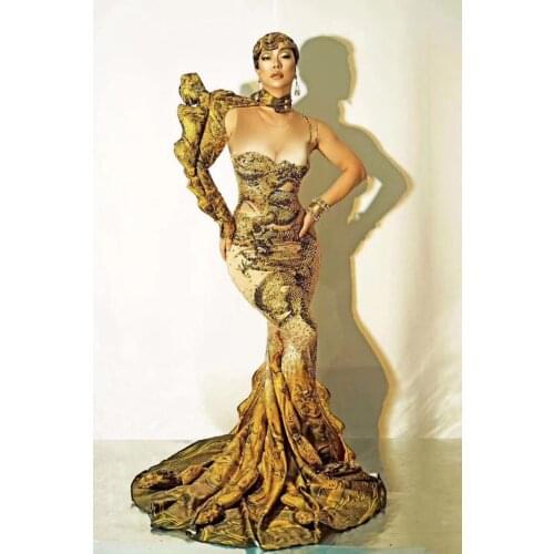 Gold Dragon Pattern Sparkly Rhinestone Evening Party Floor-length Dress Women Celebriate Prom Mermaid Dress Singer Stage Wear