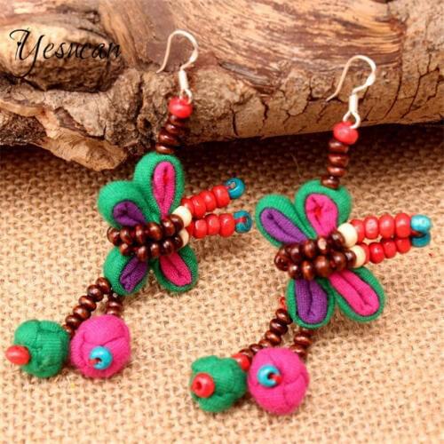 Big Ethnic Dangle Drop Earring Handmade Cloth Dragonfly Earrings Dance Accessories Statement Vintage Jewelry Brincos Drop Shippi