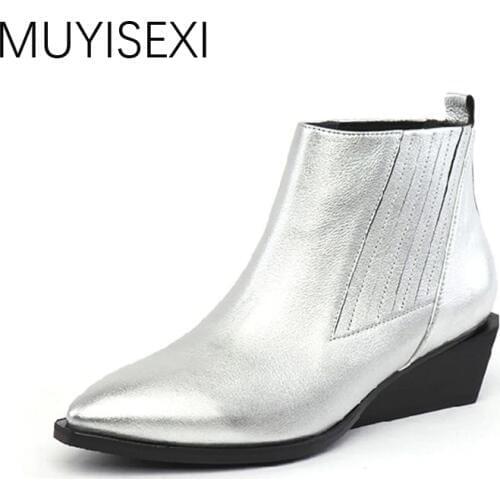 Chelsea Boots Genuine Leather Shoes Women sexy Ankle Boots fashion heel Pointed Toe Bootie Botas Femininas 34-41 HL05 MUYISEXI