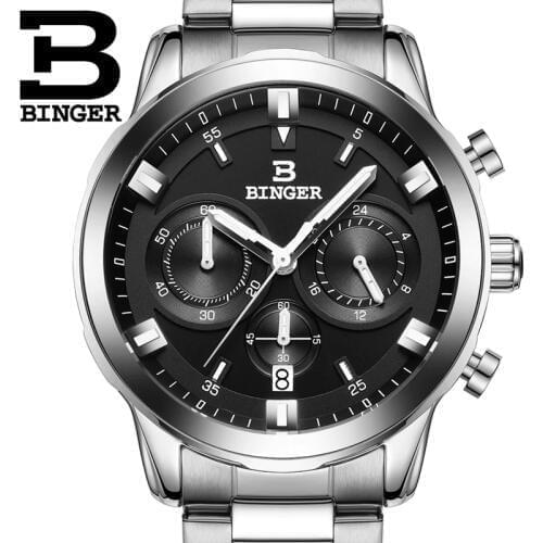 2018 Switzerland Luxury Mens Watch BINGER Brand Quartz Full Stainless Wristwatches Chronograph Sports Clock 42mm Waterproof