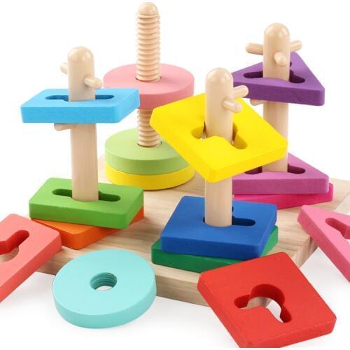 Childrens Montessori Wooden Toys Rotating Set Of Building Blocks Educational Geometry Pillar Matching Color Shape Wooden Toy