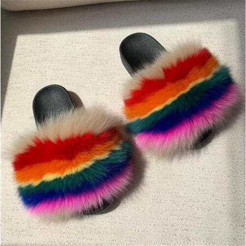 Kids/Childrens Real Fox Fur Slippers Women Fur Slides Ladies Furry Sandals Girls Fluffy Sandals Plush Flat Shoes Fur Flip Flops
