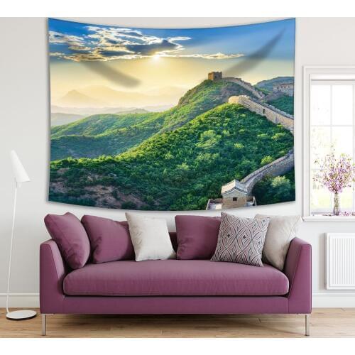 Tapestry The Great Wall of China at Sunset Mountain Forest Asian Landscape Green Yellow