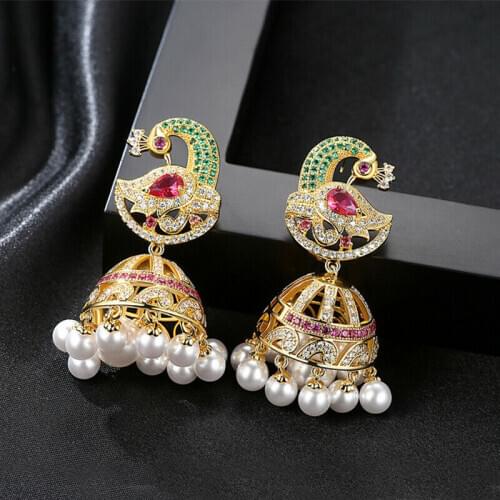 Indian Jhumka Earrings Retro Ethnic Gypsy Beads Bells Drop Earrings Fashion Women Rhinestone Crystal Statement Jhumki Jewelry