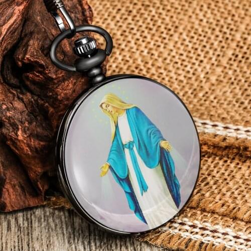 Catholicism Customize Pattern Quartz Pocket Watch Arabic Numerals Watch Face Practical Pendant Alloy Thick Chain Gift For Mother
