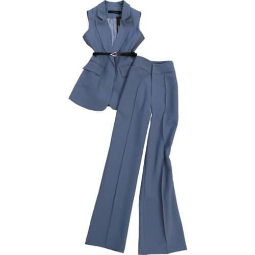 Spring Womens Suit Trouser Suit 2-piece High Quality Womens Fashion Temperament Sleeveless Vest Jacket Elegant Wide-leg Pants