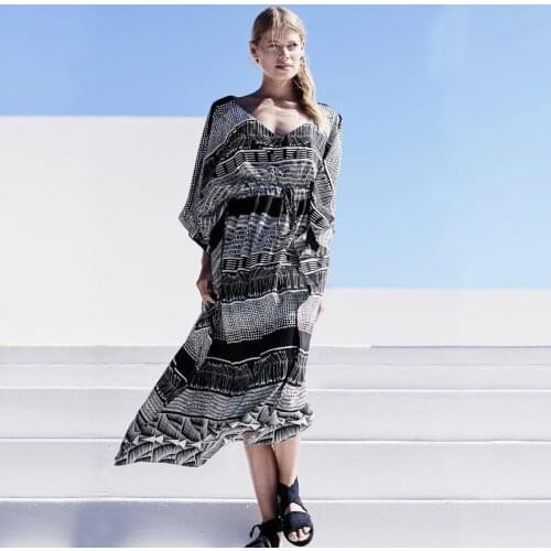 2021 Summer Womens Blouse Ladies Causal Dress Blouse Mid-sleeve Striped Printed Loose Robe Dress Beach Top Girls Beachwear